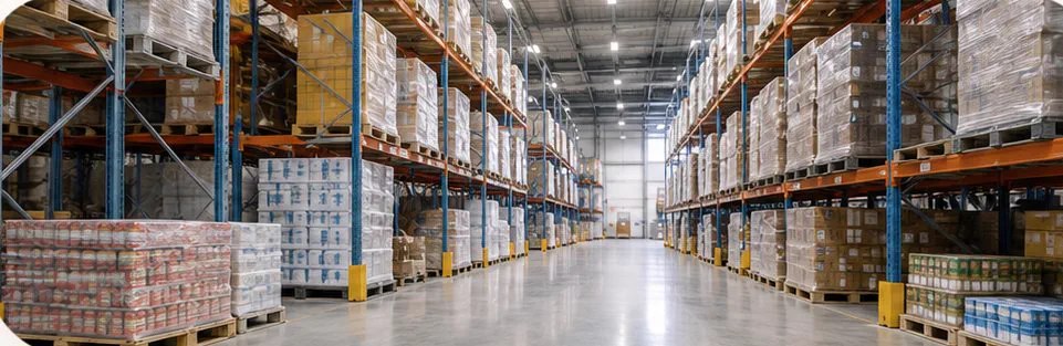 Almacén con estanterías bajo prácticas de inocuidad alimentaria