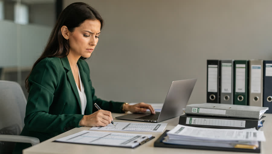 Especialista revisando documentos para interpretar la norma ISO 14001 e ISO 45001