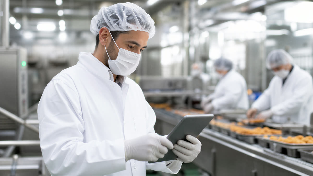 Responsable de calidad con bata, cofia y guantes registrando datos en una tableta dentro de una planta de alimentos.