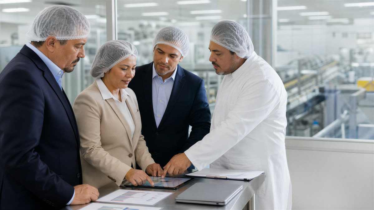 Directivos con cofia revisando indicadores en una tableta junto al responsable de planta, con la línea de producción al fondo.