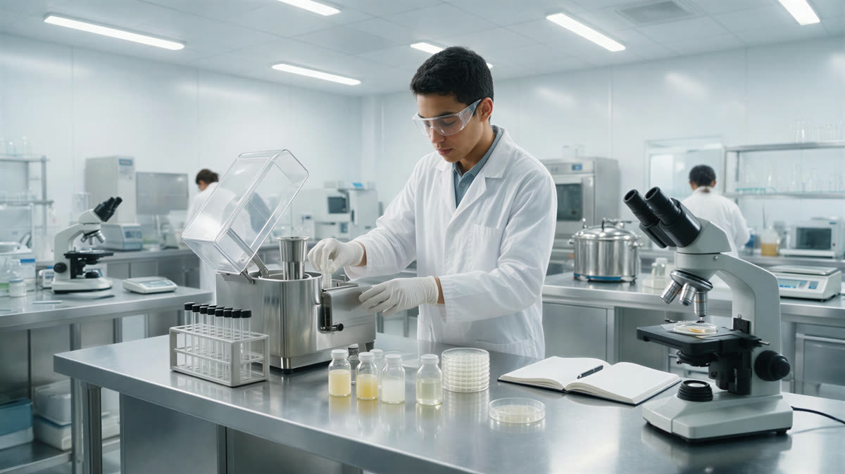 Estudiante con bata, gafas de seguridad y guantes preparando muestras en un laboratorio de análisis de alimentos.