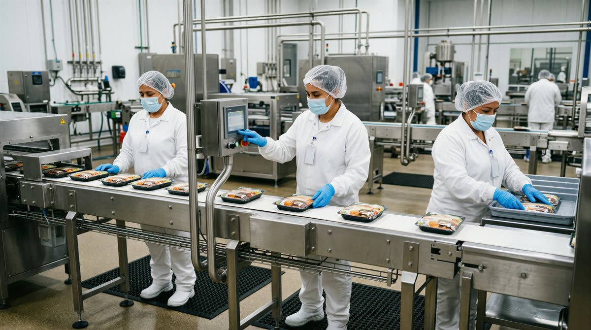 Tres operarias con bata, cofia y guantes trabajando en una línea de envasado de alimentos.