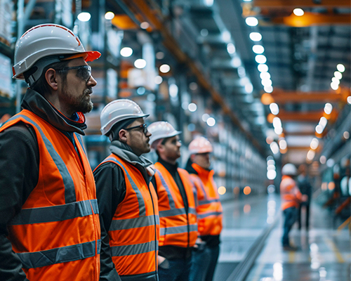 Personal con equipo de protección en planta industrial durante auditoría SMETA Versión 7
