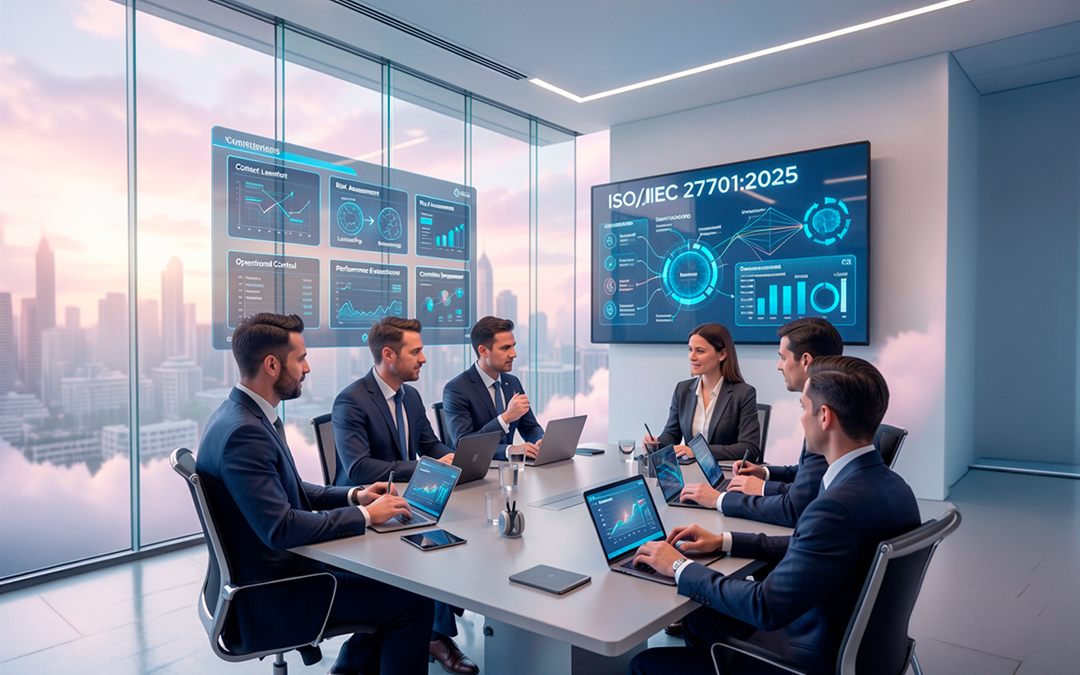 Equipo directivo reunido en una sala de juntas acristalada frente a una pantalla titulada ISO/IEC 27701:2025 con tableros de datos.